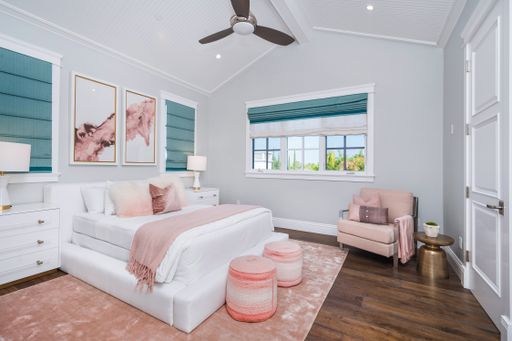 A well-furnished bedroom in a new construction home in Encino, California