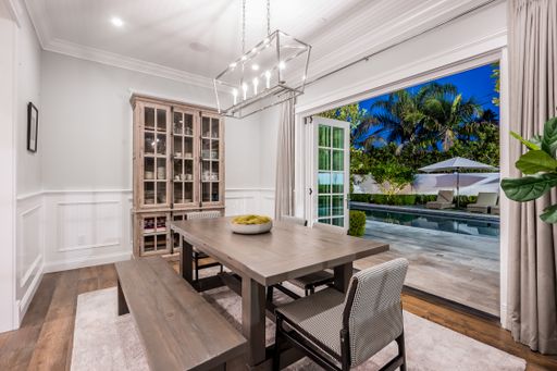 A spacious dining room in a new construction home in Encino, California