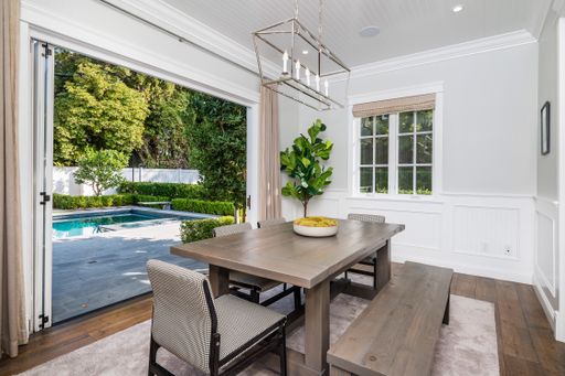 A spacious dining room in a new construction home in Encino, California