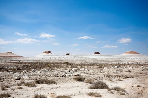 A scenic view of barren landscape in the Mangystau region, Kazakhstan