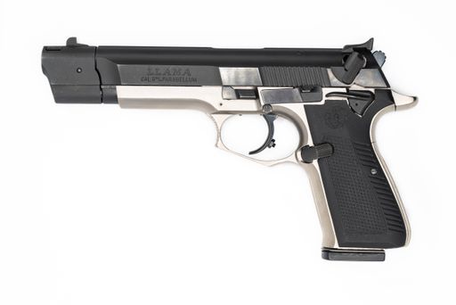 A Llama M-87 semi-automatic pistol with muzzle brake on white background