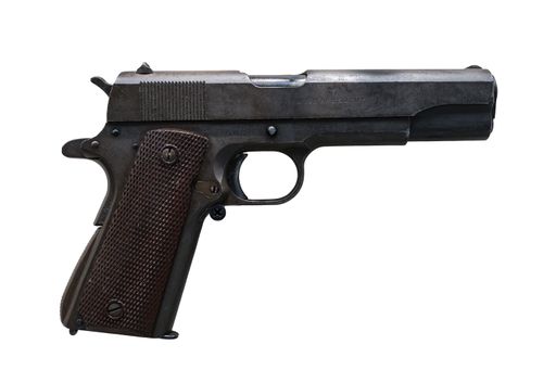 A Colt M1911 A1 45 ACP caliber pistol on white background. used in the second world war