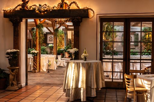 A view from dining room to garden at wedding reception
