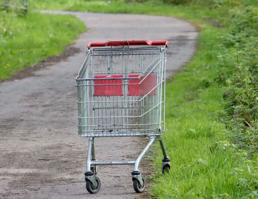A shopping cart sits on the side of a dusty road