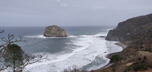 A panoramic view of the sea surrounded by rocks covered in greenery under a cloudy sky