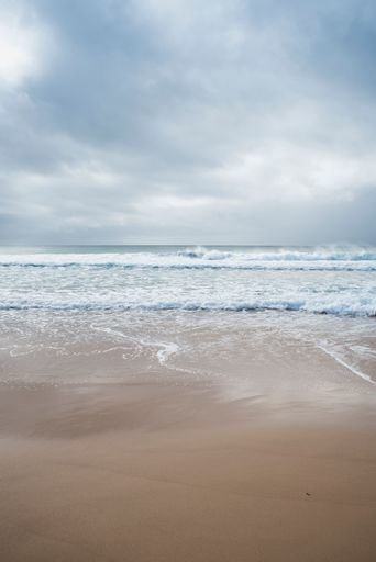 A vertical shot of a sandy beach during a cloudy evening