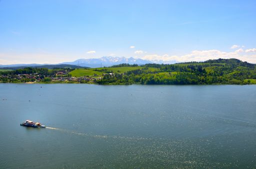 A boat floating on water near mountains and trees