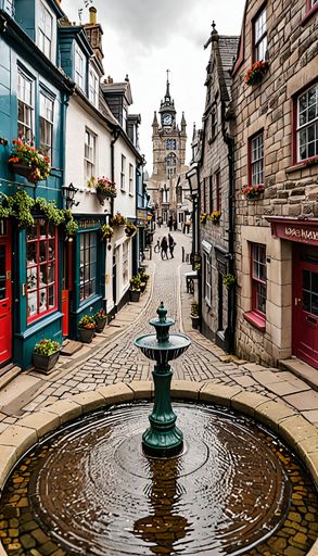A quaint fountain in a charming alley surrounded by houses and buildings