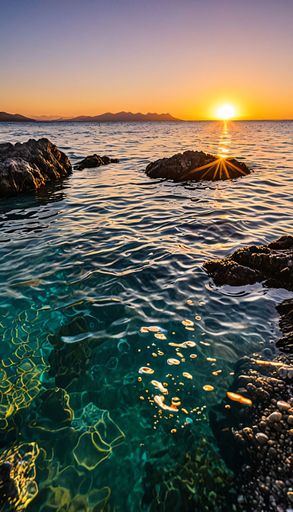 A vibrant sunset over rocky sea shore, yellow light illuminating the scene