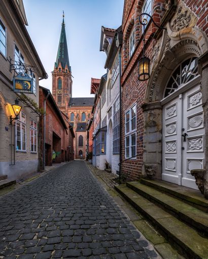 A scenic cityscape of Luneburg's historic old town in Lower Saxony, Germany
