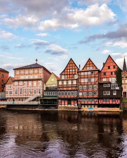A scenic cityscape of Luneburg's historic old town in Lower Saxony, Germany