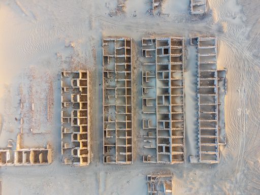 The aerial view of Lenghu, in Chinese means cold lake, abandoned in the 1990s due to oil depletion. Located in Qinghai, China.