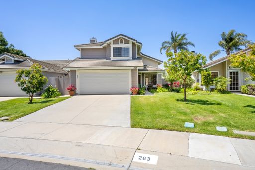 Charming suburban house with a lush green lawn and vibrant flowers on a sunny day.