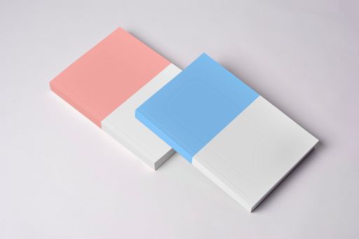 A top view of two closed novel books with blank covers on a white surface - editable mockup template