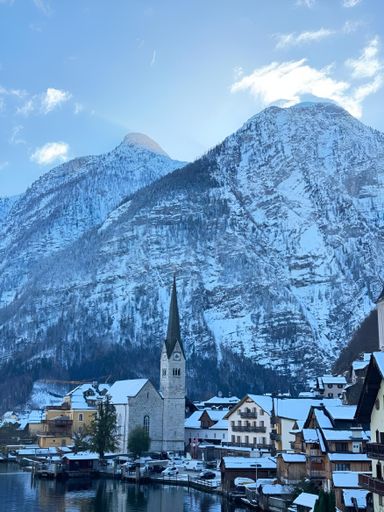 A scenic winter view of Hallstatt, Austria