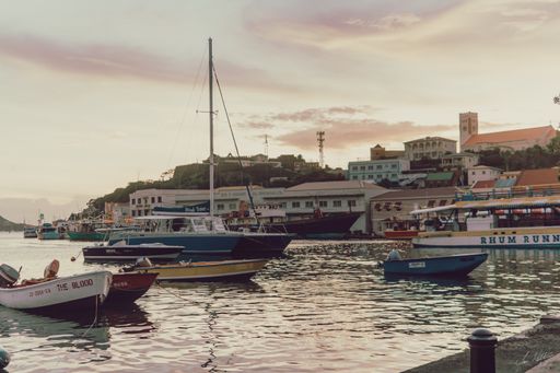 A landscape of boats and ships on the sea surrounded by buildings in Saint George, Grenada