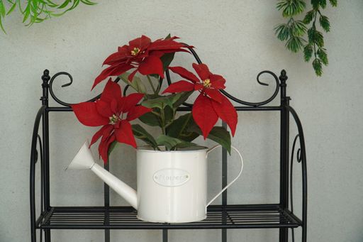A beautiful white ceramic watering can with a group of delicate red flowers inside it on an metal bench