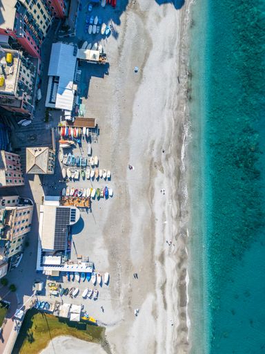 An aerial view of the beach of the town of Sori in the Liguria region, next to Genova, Italy