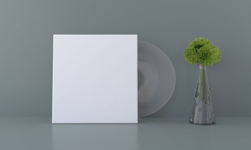 A vinyl record blank package with a vase on a table