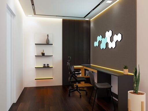 A contemporary office with desk, chairs, shelves, and lighting