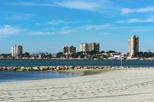 View of the Mar Menor, at Lo Pagan, Spain.  White sand beaches sloping to the calm waters of the Mediterranean sea.