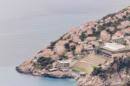 An aerial view of the historic town of Dubrovnik, Croatia.