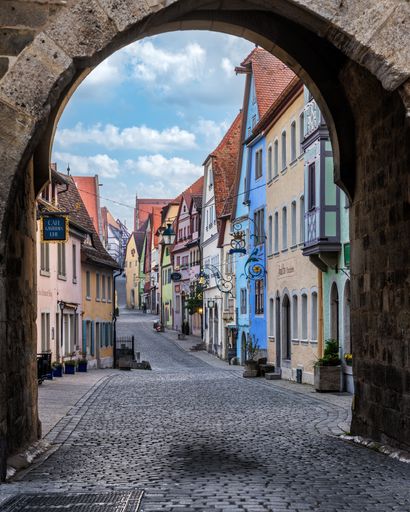 The beautiful colorful buildings in a small cozy town of Rothenburg ob der Tauber in Germany