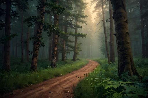 A dirt trail winding through tall trees in a forest