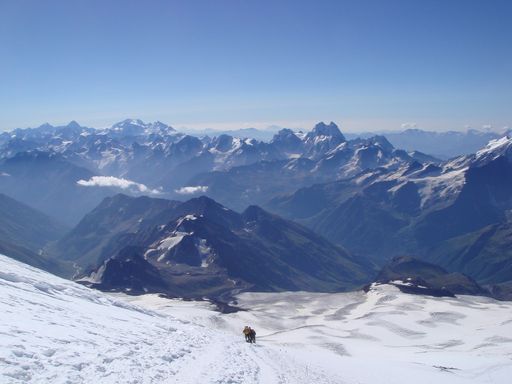 A beautiful view around the route to the summit of Mount Elbrus in the western part of the Caucasus.