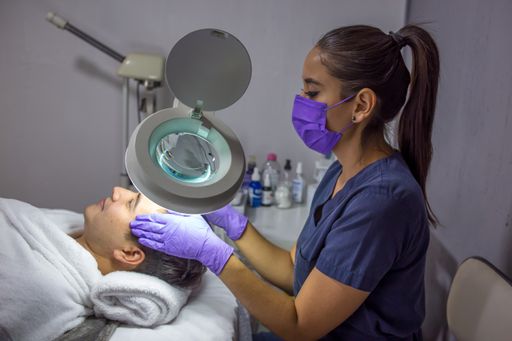 A closeup shot of a doctor wearing a purple mask and gloves treating her patient