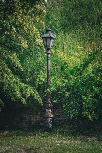 A lamp against a brick wall with trees in the background