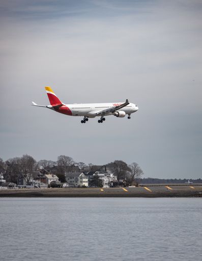 An Iberia Airlines Airbus 330 prior to landing in Boston after a flight from Spain