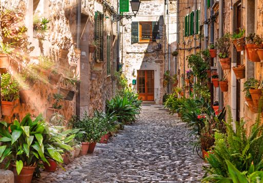 Valldemossa plant street alley with sun flare during summer