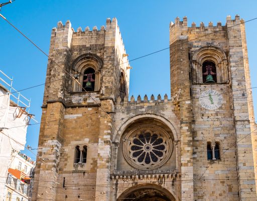 A view of an ancient Lisbon cathedral of the Patriarchate in Portugal on a sunny day