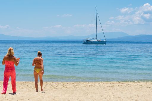 Koukounaries beach. famous sandy beach and the bay of Koukounaries a natural beauty, exotic beach , Skiathos island, Sporades, Greece 6-13-2021