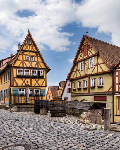 A scenic view of Plonlein in Rothenburg ob der Tauber, Bavaria, Germany.