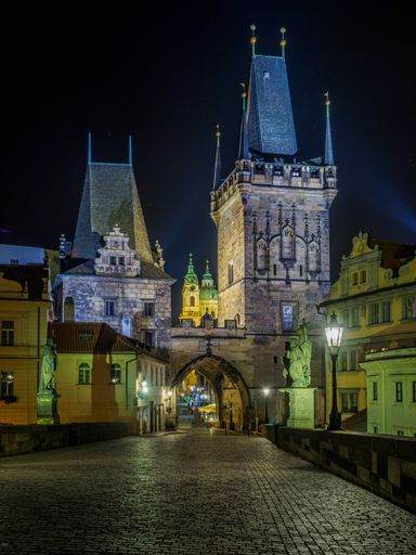 A nighttime street view in Prague, Czech Republic, with beautiful scenery.