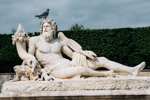 A closeup shot of a pigeon perched on a statue in Tuileries Garden, Paris, France