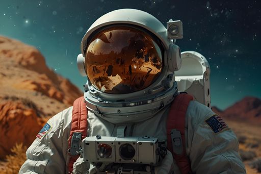 Astronaut in spacesuit with camera in desert