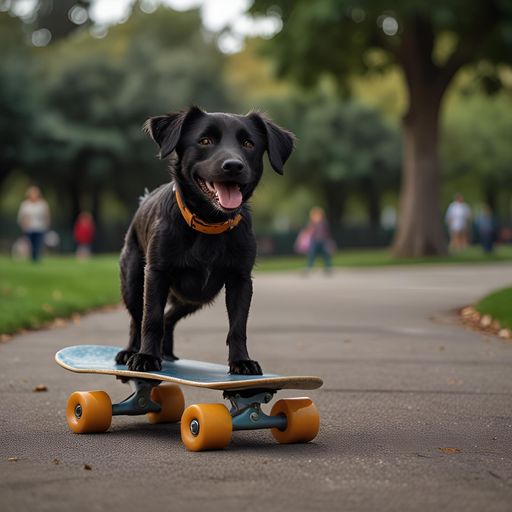 Black dog skateboarding in park, balancing on two wheels