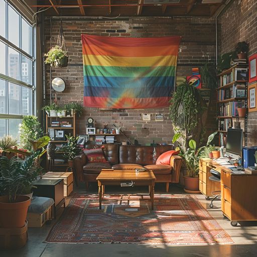 A cozy living room with sofas, coffee tables, and green plants