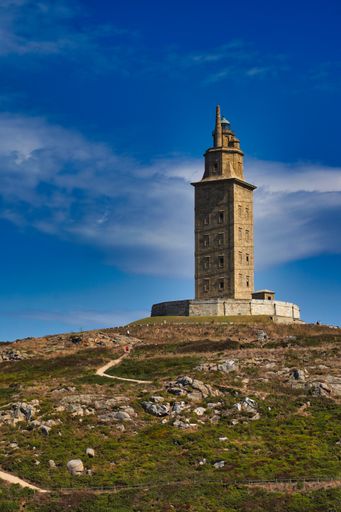 A vertical shot of the famous Tower of Hercules in Coruna, Galicia, Spain