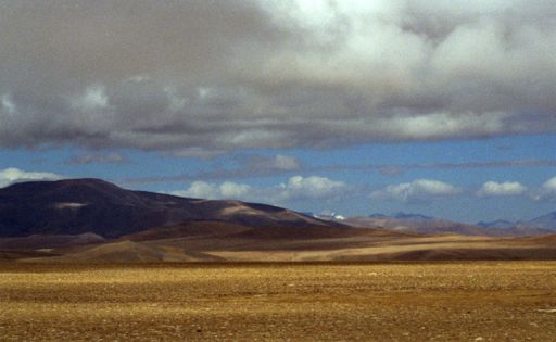 A beautiful shot of an open dry field with mountains and a cloudy blue sky in the background