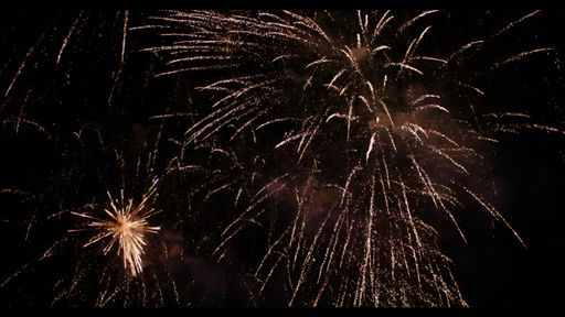 Fireworks explode in the night sky with bright sparks and trails