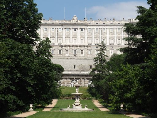A scenic view of the Royal Palace from Jardines del Moro, Madrid, Spain