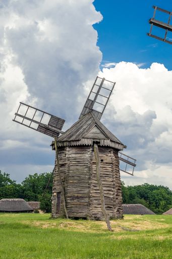 An old wooden windmill in the National Museum of Folk Architecture and Life of Ukraine near Kyiv