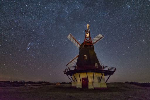 A windmill and a starry sky in the background.