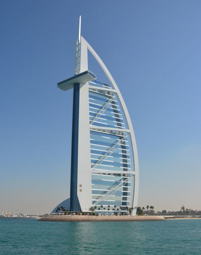 A vertical shot of Burj Al Arab, the luxury hotel in Dubai.