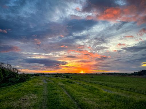 A sunset on the top of the stop banks to the Otaki River in the Kapiti region of New Zealand
