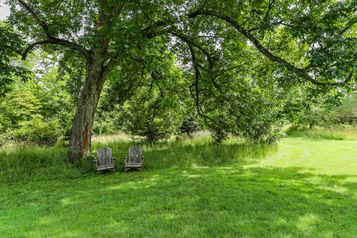A scenic view of two wooden chairs next to a tree in a park